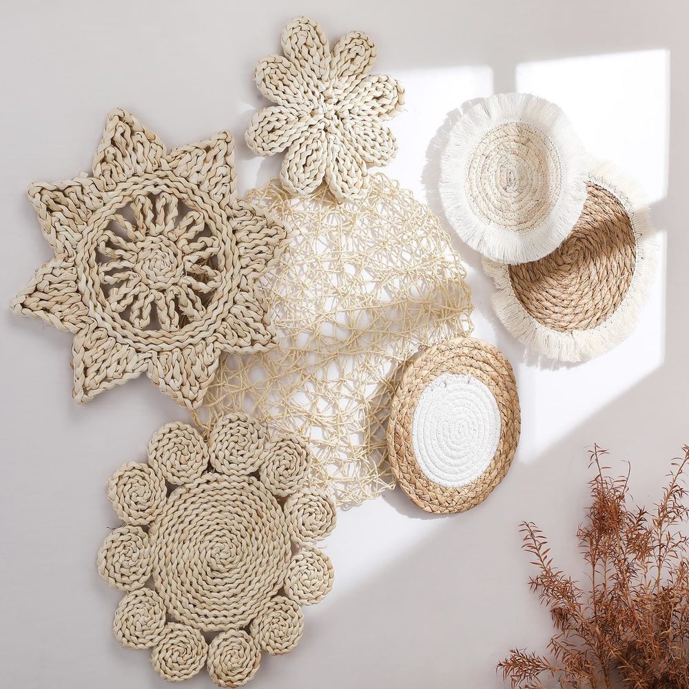 7 Pcs Boho Wall Baskets Decor Hanging Rustic Rattan Wicker Wall Baskets Round🫵